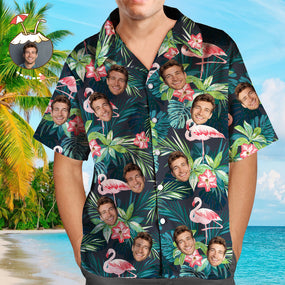Personalised Hawaiian Shirt With Faces UK for Men All Over Print Hawaiian Shirt Flamingo Flowers and Leaves