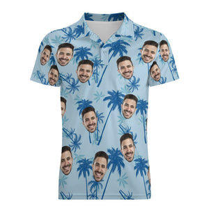 Men's Custom Face Polo Shirt Personalised Light Blue Hawaiian Golf Shirts