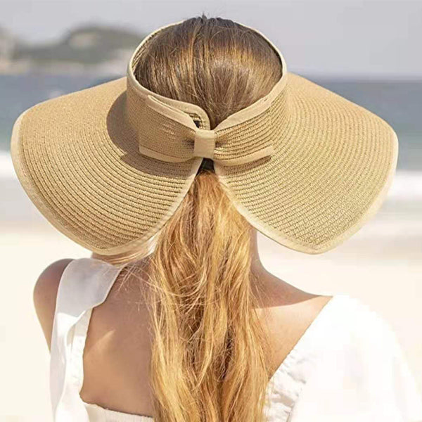 Women Sun Protection Empty Top Straw Hat Beach Wide Brim Bow-knot Big Floppy Folding Sun Hat